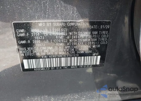 2020 Subaru Outback Limited z USA, uszkodzony, nr VIN 4S4BTANC4L3181529